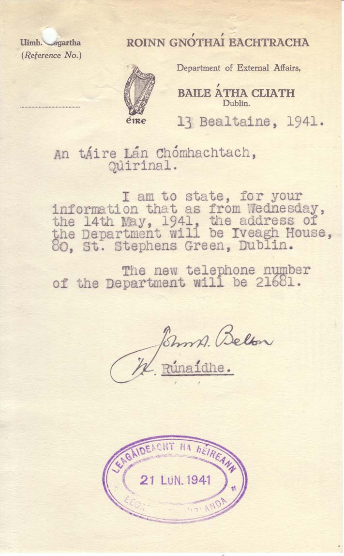 Letter from John A. Belton to Thomas J. Kiernan, Dublin 13 May 1941