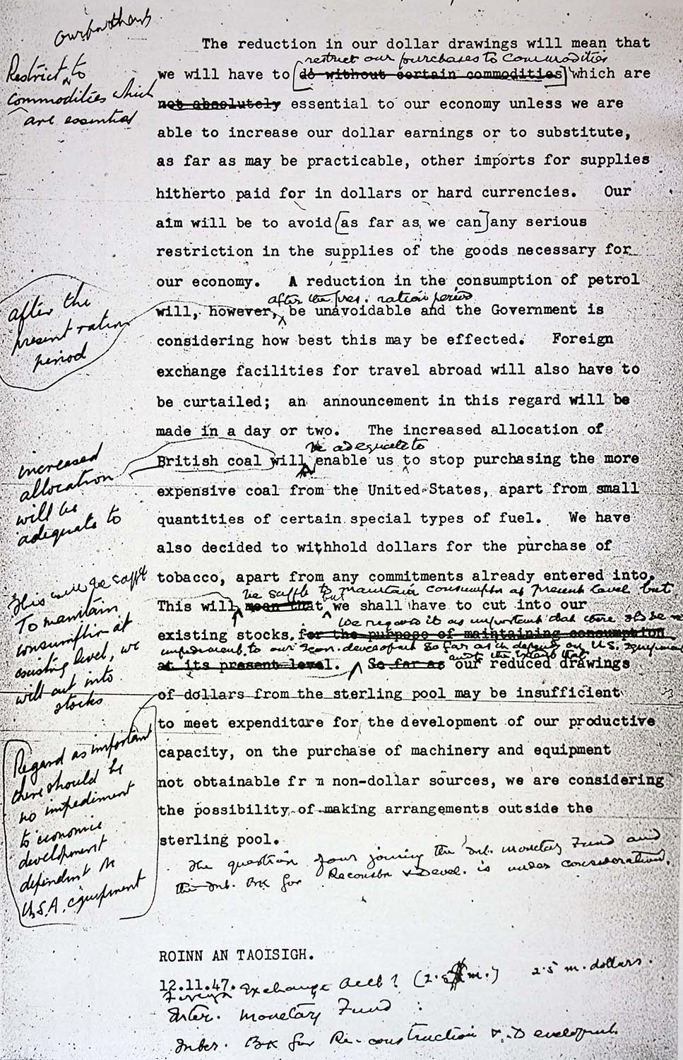 Facsimile reproduction of memorandum by the Department of the Taoiseach and the Department of Finance on Ireland's dollar requirements
with edits and marginal notes by Éamon de Valera and Seán Lemass