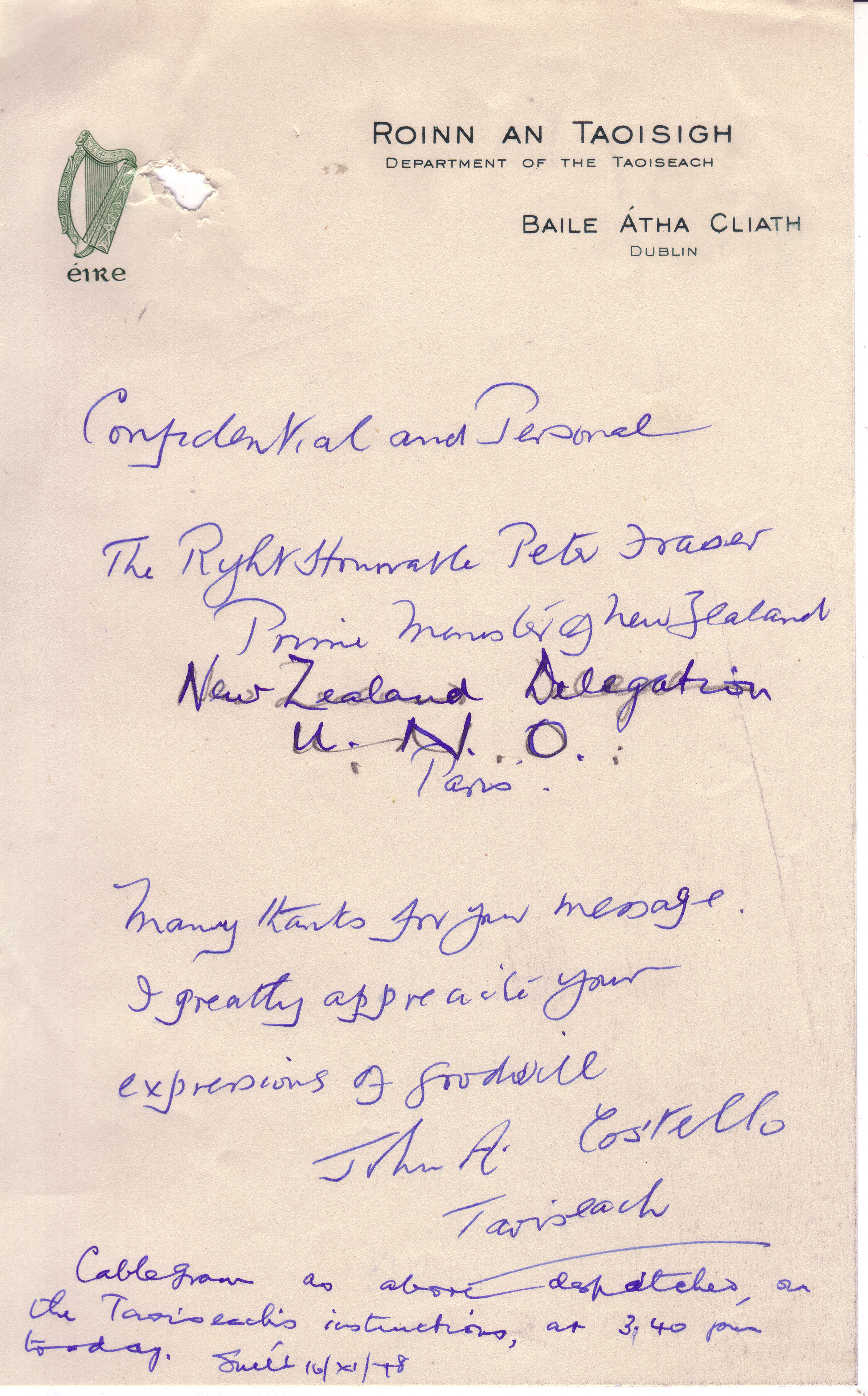 Facsimile of draft letter from John A. Costello to Peter Fraser