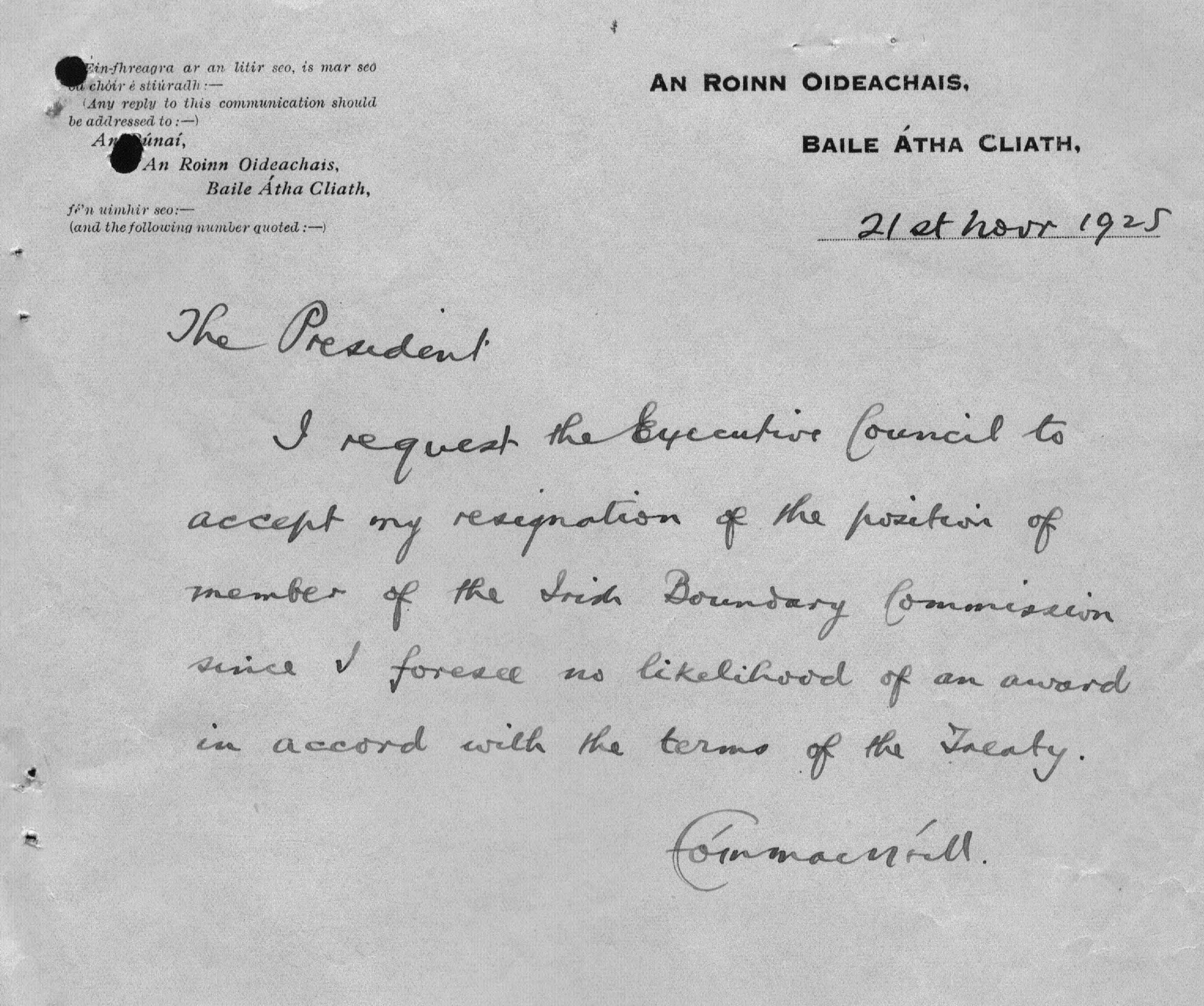 Eoin MacNeill to William T. Cosgrave