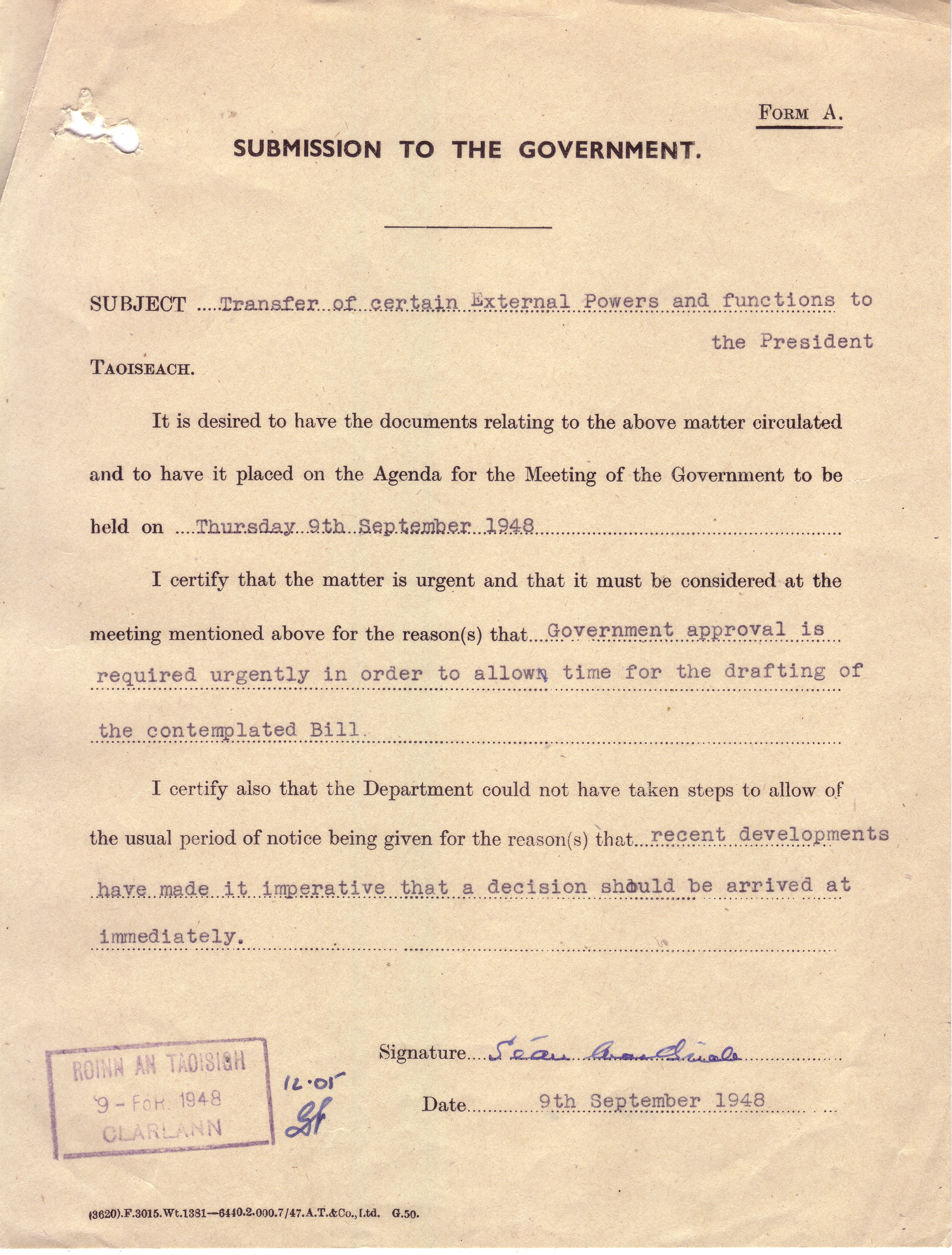 Submission to the Government (Dublin)'Transfer of certain External Powers and Functions to the President'