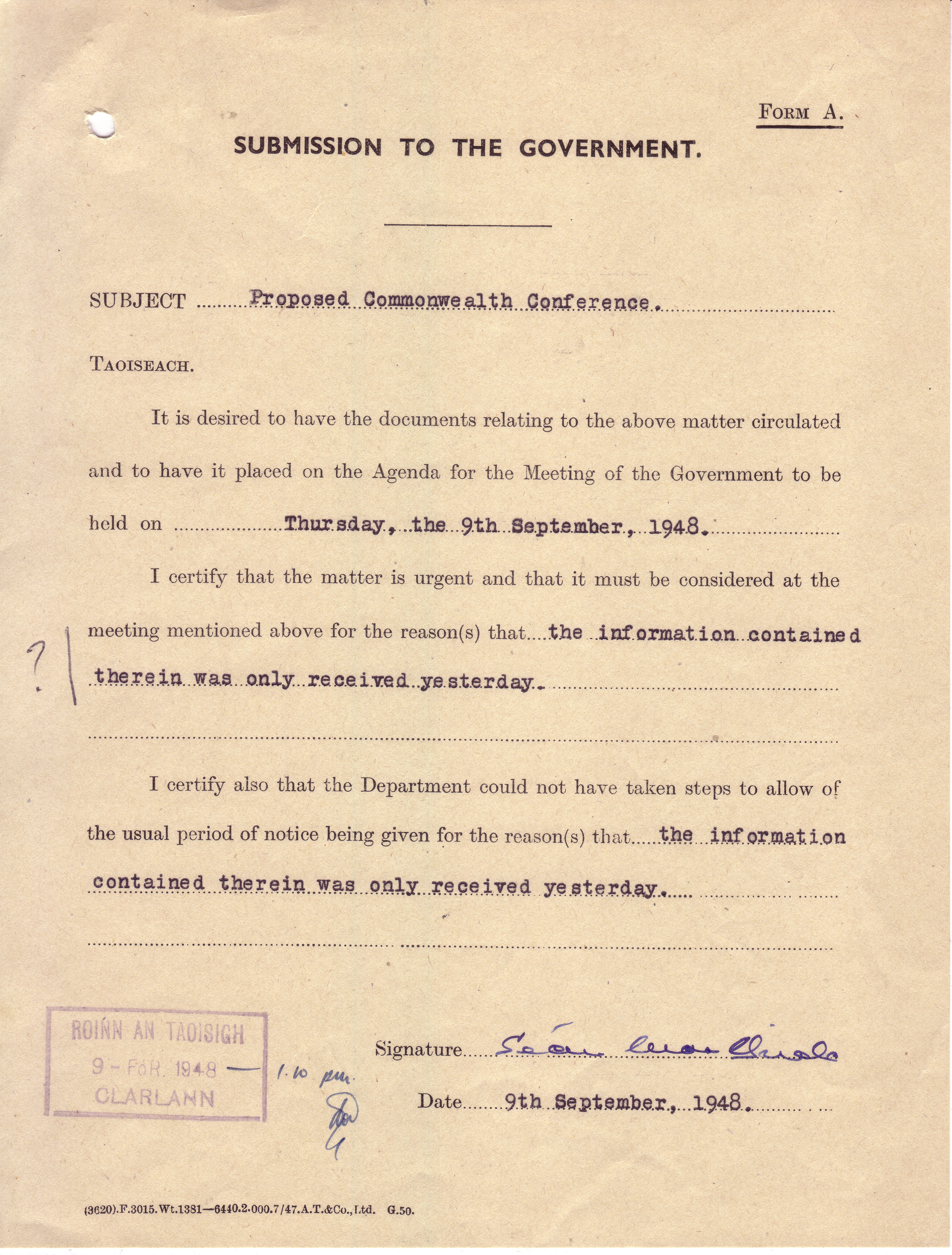 Submission to the Government (Dublin)'Proposed Commonwealth Conference'