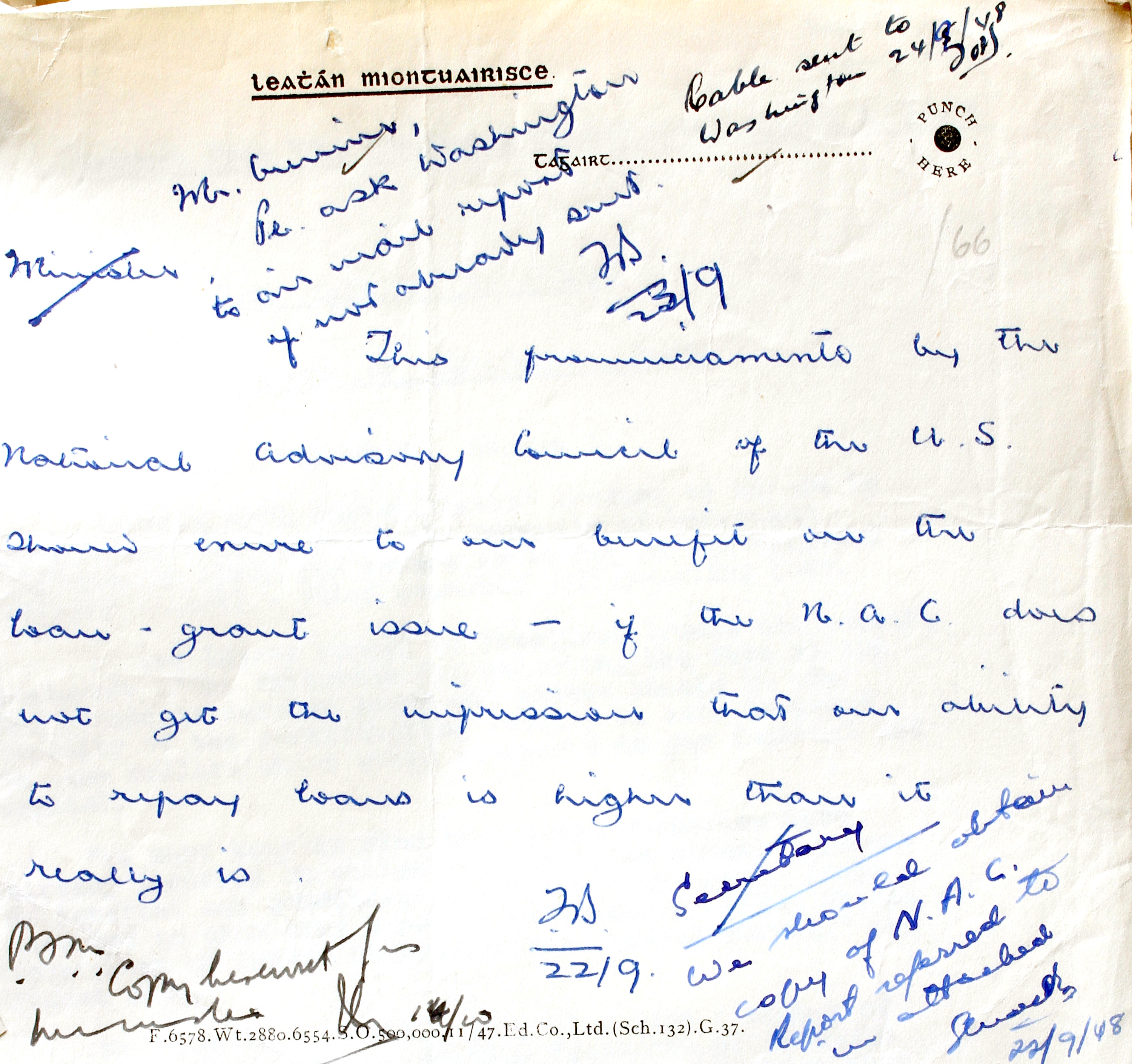 Facsimile of a memorandum from Frederick H. Boland to Seán MacBride