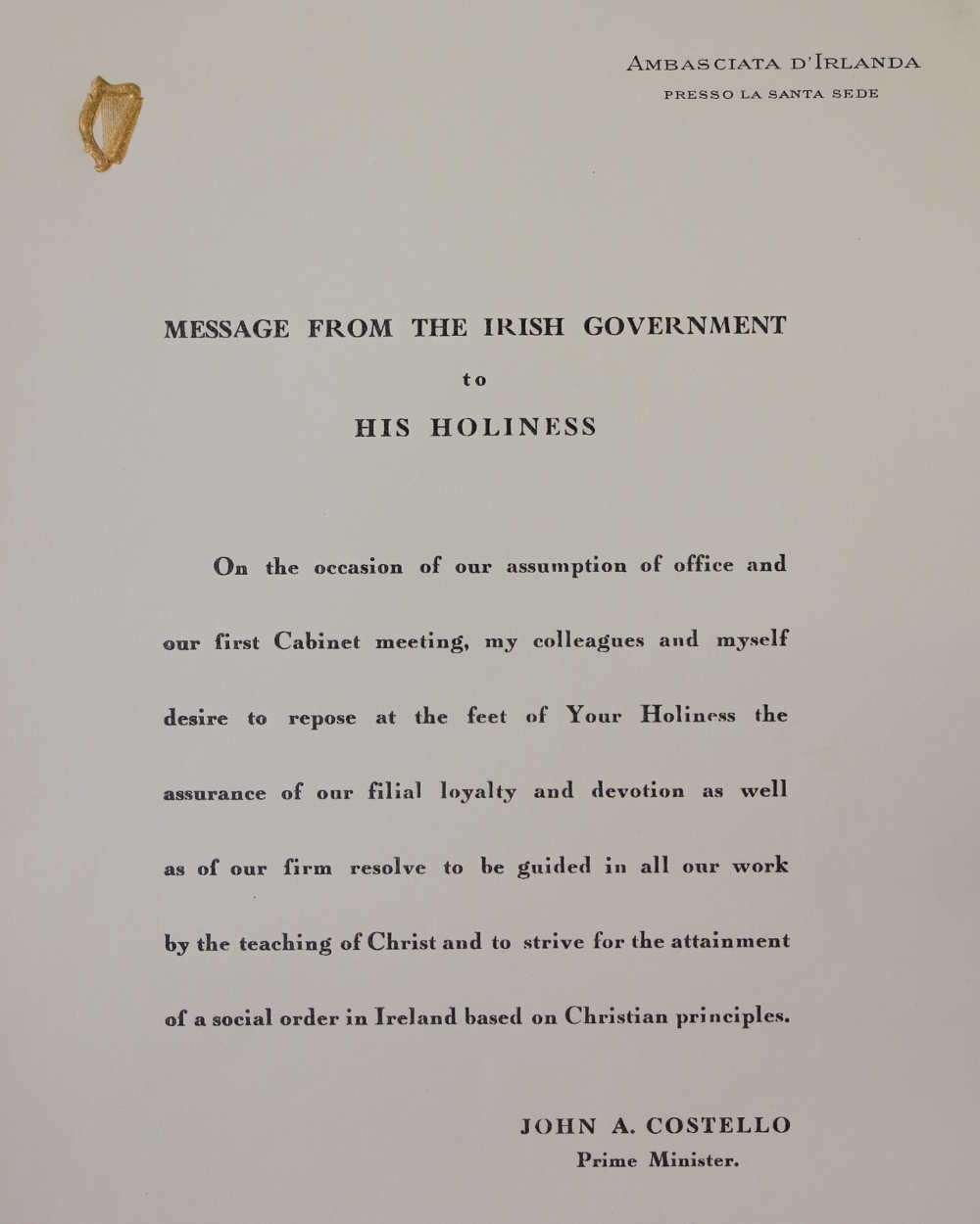 Facsimile reproduction of a message from John A. Costello to Pope Pius XII
